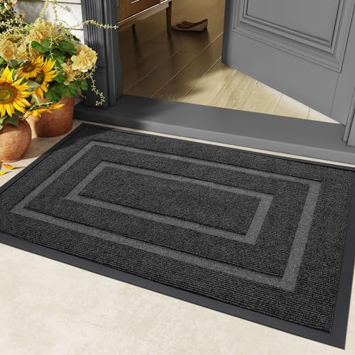 DEXI Fußmatte Außen 44 x 75 cm, rutschfest Fussmatte Waschbar Schmutzfangmatte für Haustür, Robuster Fußabtreter Eingangsteppich Wetterfest Türmatte für Eingang, Aussen und Innen, Rechtecken-grau