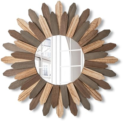 Emfogoo Wandspiegel 53cm Groß Rustikal Holz Sunburst Boho Spiegel Boho Wanddeko Boho Deko Wanddeko für Haus Wohnzimmer Schlafzimmer Flur (Dreifarbig)