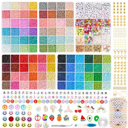 HOLDLEAF 42000 Perlen für Armbänder 3mm Perlen Set,Perlen zum Auffädeln mit A-Z Ä Ö Ü ß 400 Buchstabenperlen Glasperln Selber Machen Set,Glasperlen Kit für DIY Armband Halsketten