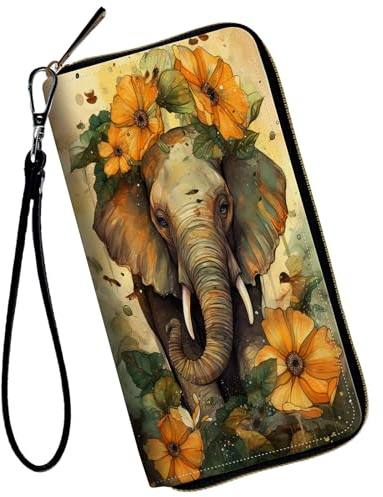 WZCJDHMJ Damen-Geldbörse, großes Fassungsvermögen, Clutch, Geldbörse für Damen, Herren, Kreditkartenhalter, PU-Leder, Handtasche, Clutch-Geldbörse, Orange Blumen und Elefant, Casual