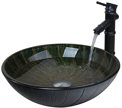 Waschschalen Waschbecken 16,8 rundes Badezimmer-Waschbecken-Set aus Glas, schwarzer Wasserhahn + Waschbecken, handbemaltes Aufsatzwaschbecken aus Glas Aufsatzwaschbecken