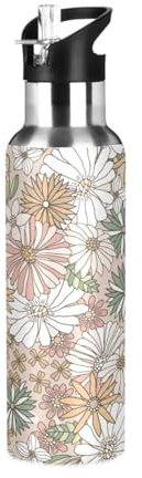 Ksajwzf Borraccia termica in acciaio inox con motivo floreale retrò, per bambini, con coperchio con cannuccia, vintage, a prova di perdite, per ciclismo, corsa, passeggiate all'aperto, 590 ml