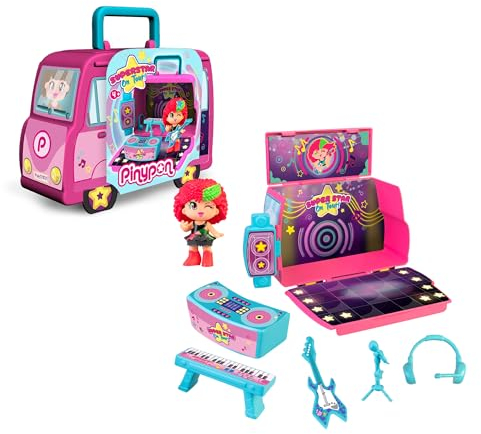 Pinypon Super Star on Tour, Koffer, Autobus, der Sich öffnet und in eine Bühne verwandelt, inklusive Sängerfigur und allem Zubehör für das Konzert, Kinder ab 4 Jahren, berühmt (PNY73000)