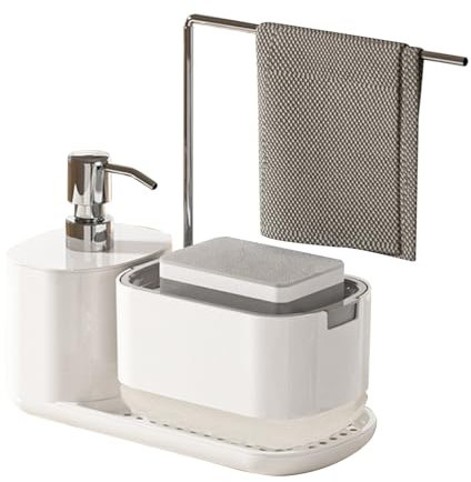 Sonhomay Dispenser di sapone per mani e piatti, dispenser di sapone con supporto per strofinacci, dispenser di sapone da banco per cucina e bagno