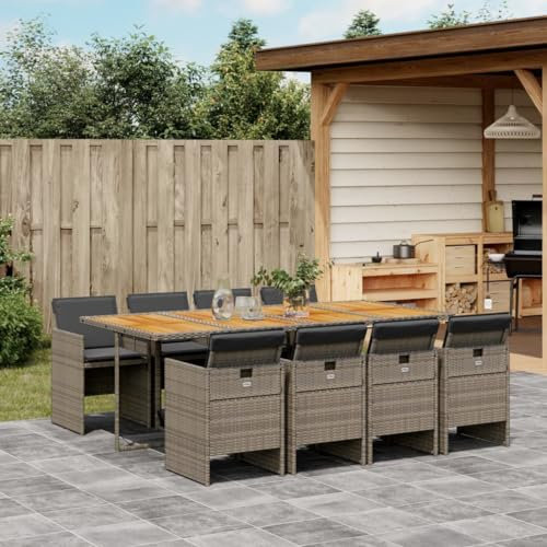 Tidyard 9-TLG.Garten-Essgruppe mit Kissen 8 Personen Gartenmöbel Set Gartengarnitur Sitzgruppe Gartenset Sitzgarnitur Esstisch Gartentisch Mit Tischplatte aus Akazienholz,8 Stühle Grau Poly Rattan