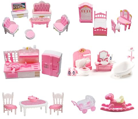 JOAASU Puppenhaus Möbel Set, 34 Teilige Puppenhaus Möbel, Zubehör Puppenhaus, Möbel für Minipuppen aus Kunststoff, Küchen und Wohnzimmer Set, Schlafzimmer und Badezimmer Set, Puppen Zubehör Spielzeug