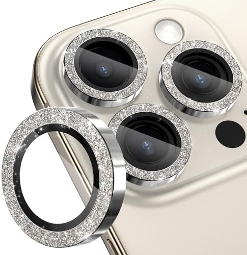 CloudValley for iPhone 16 Pro/iPhone 16 Pro Max Camera Lens Protector Bling, [Glitter Decoration] Ultra-HD Tempered Glass Cover, Metal Lens Screen Protective Ring Accessories,Natural Titanium