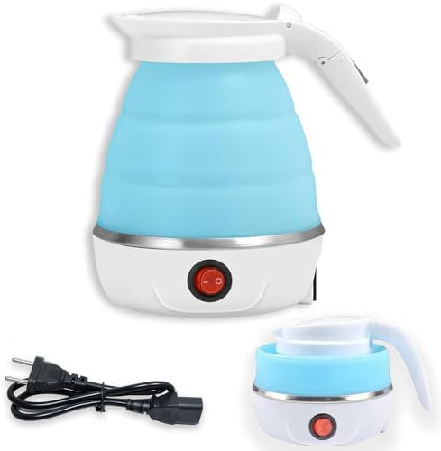 XSYKJGS Faltbarer Wasserkocher, 0.6l Reise Silikon Tragbarer Wasserkessel, Blau Mini Camping Wasserkocher 5 Minuten Schnelles Kochen für Küche Reise Camping Outdoor