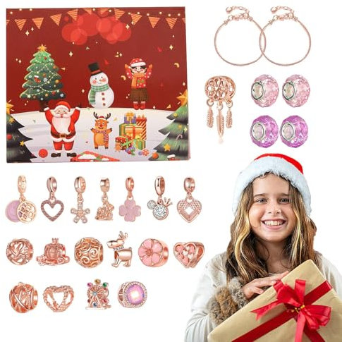 Schmuck Adventskalender für Mädchen 2024 für Kinder, 24 Tage Adventskalender, Roségold Charm Schmuck Armband Herstellungsset, Ohrring Armband Weihnachts Countdown Kalender für Mädchen Als Geschenk