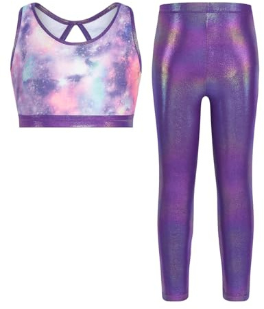 JiAmy Ensemble d'entraînement deux pièces pour filles avec découpe dans le dos, ensemble de vêtements de sport étincelants sans manches, débardeur court et leggings de yoga pour enfants, 11-12 ans