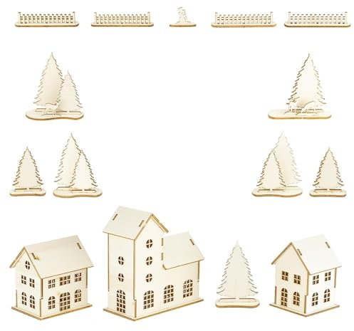 MCE-Commerce A550254 Set Deko Häuser aus Holz, Windlicht, Natur, 14cmx12cmx5,6cm