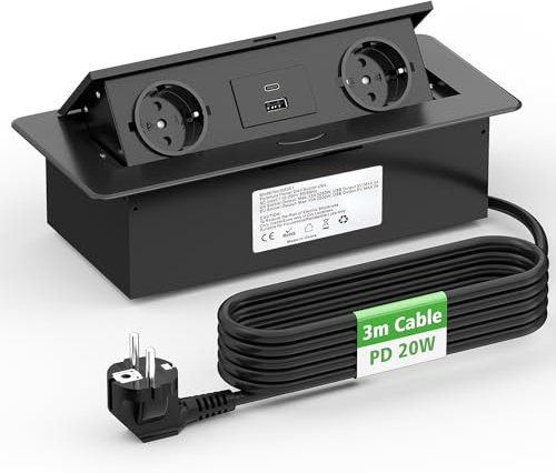 3m Cable - Regleta Enchufes Empotrable Mesa USB C PD 20W, Enchufes Multiples Empotrada Escritorio, Regleta Enchufes Oculto con USB, Regleta Retractil para Familia, Cocina y Oficina, Negro