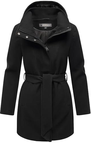MARIKOO Damen Langer Trenchcoat warme Übergangsjacke in Woll-Optik mit Abnehmbarer Kapuze Katalinaa 16 Black Gr. M
