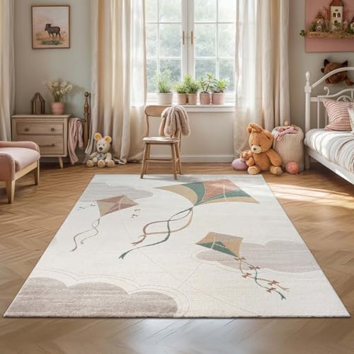 Taracarpet Kindezimmer und Jugendzimmer Kurzflor Teppich in Pastell Farben Kinderteppich auch für Babyzimmer geeignet Pastell bunt Drachen 200x290 cm
