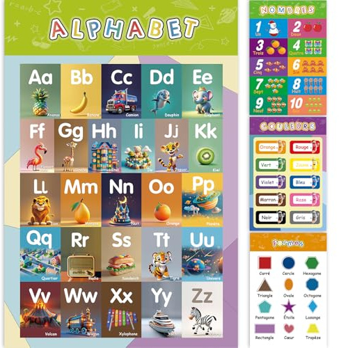 Lot de 4 Poster Alphabet Enfant 42*28 cm-Affiches Alphabet Enfant Français avec Lettres et Animaux, Apprendre Chiffres,Couleurs,Formes-Tableau Décoration Murale Éducative pour Chambre,Crèche
