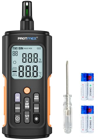 YT606 Temperatur und Luftfeuchtigkeitsmesser mit Umgebungstemperatur, relativer Luftfeuchtigkeit, Taupunkt, Feuchtkugel-Thermometer, Digital-Thermometer Min/Max Hold, LCD-Hintergrundbeleuchtung