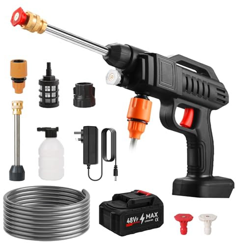 Portable Cordless High-Pressure Washer, 48V 50BAR Cordless Power Washer, Car Washer Spray Water Gun with Foam Generator Car Washing Machine 5m Hose Jet Wash Tool (1200mAh)