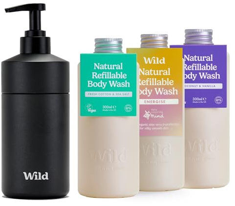 Wild Starter kit per bagnoschiuma naturale ricaricabile - Include una custodia in alluminio nero e 3 ricariche di gel doccia - Aromi Coconut & Vanilla, Fresh Cotton e Energise