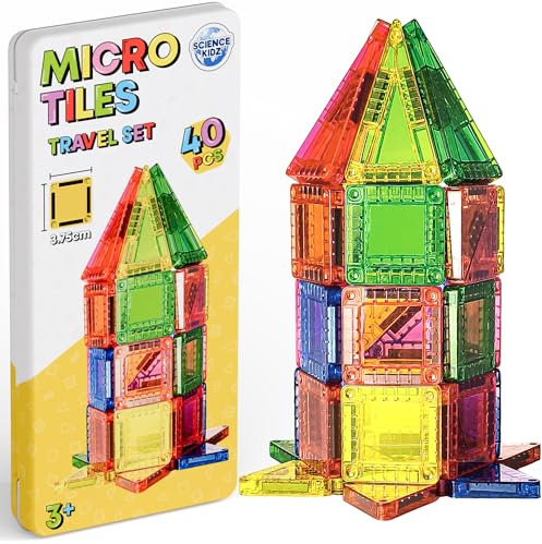 Science Kidz 40-Piece Mini Magnetic Tiles Travel Set - 40 Magnet Building Tiles & Storage Tin - Magnetic Shapes For Kids - Aeroplane Activities Travel Toys