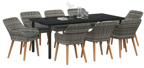 vidaXL Garten Essgruppe mit Kissen 9 pcs Grau Poly-Rattan, Stylisches Garten- und Terrassenset, Moderne UV-beständige Materialien, Tisch und Stühle für Essen im Freien