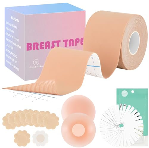 AOOWU Nastro Adesivo Seno, 2 Copricapezzoli in Silicone con 10 Petali di Seno in Raso, 36P Nastro di Corpo Biadesivo per Reggicalze e Gonne, per Riunito Prevenire Il Rilassamento Toracico, A-G