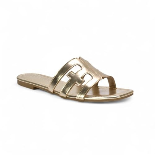 ESSEX GLAM Women's Cut Out Slider Ladies Flat Slip On Holiday Casual Open Toe Strappy Faux Leather Mule Sandals Size 3-8