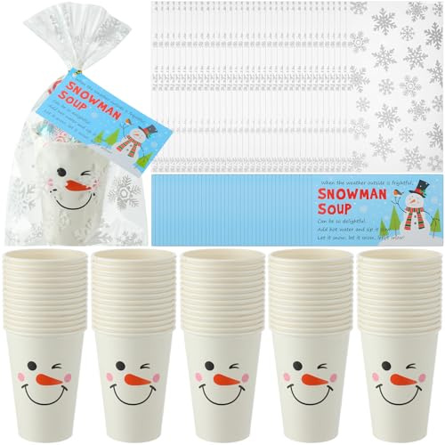 Funnymoom Lot de 50 kits de soupe de bonhomme de neige de Noël pour salle de classe, collègue, cadeaux de 350 ml, gobelets en papier pour cacao chaud, chocolat, guimauve, sacs de Noël transparents