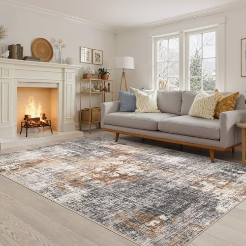 DMOYEST Teppich Wohnzimmer 160x230cm Modern Graubraun Waschbar | Kurzflor Weich Maschinenwaschbar Rutschfest, Kinder und Haustierfreundlich für Schlafzimmer, Esszimmer und Büro
