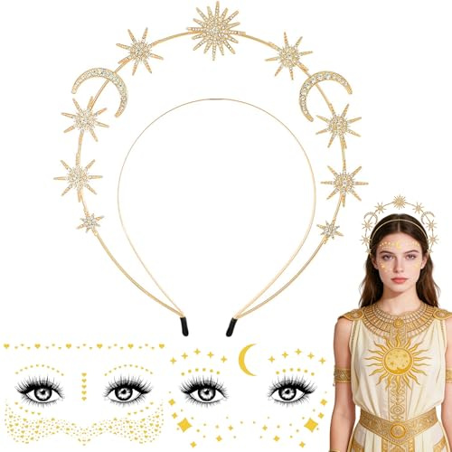 Stern Mond Stirnband,Haarreif Sterne,Gesichtstattoo Sterne,Haarreif Stern Und Mond,Sonne,star Haarband,Glitzer Sonne star Haarband Zubehör für Frauen Boho Hochzeit Kopfschmuck(Gold)