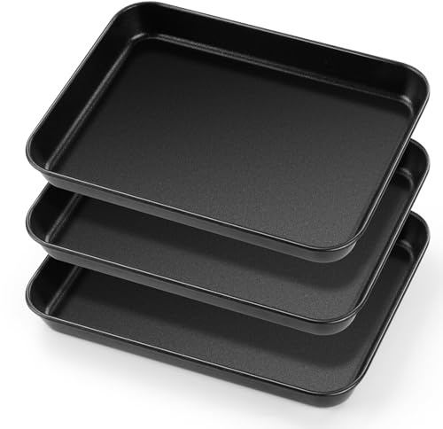 HaWare Mini Oven Tray Set of 2, Nonstick Carbon Steel Cookie Baking Sheet Pan for Cooking/Baking/Serving - 23.7 x 17.7 x 2.5 cm, Heavy-Duty & Non Toxic, Rust Resistant & Easy Clean - Black