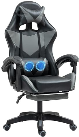 Chaise Gaming Ergonomique Massage à 2 Points, Fauteuil de Bureau avec Repose-Pieds, Appui-Tête & Lombaire Réglables, Capacité de Charge de 150 kg, Noir+Gris