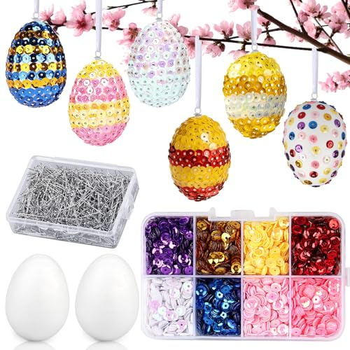 Aoligei Styroporeier Bastelset, 20 Ostereier zum Aufhängen + 8 Farbe Pailletten und Stecknadeln Schnur für DIY P-ailletten Ostereier Basteln Kinder Oster Geschenk (20pc Farbe Pailletten)