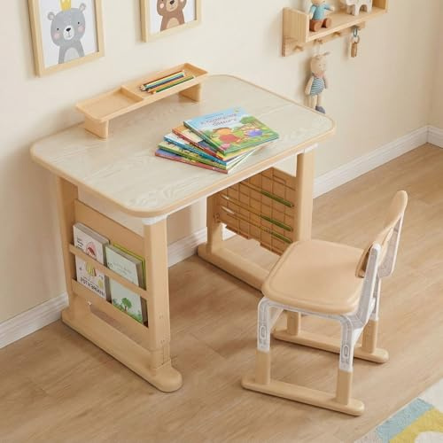 MAMIZO Höhenverstellbarer Kinderschreibtisch mit Stuhl Set, Graffiti-Tisch von 3-12 Jahren, Schreibtisch Kinder mit Seiten-Bücherregal & Ablagekasten, Ideal für Kinderzimmer & Arbeitszimmer (Gelb)