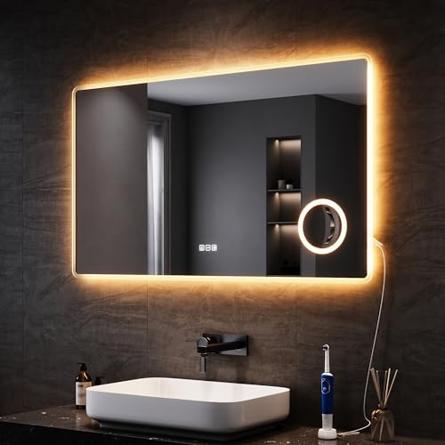 SONNI Miroir de salle de bain à LED, avec prise de courant, 120 x 70 cm, avec éclairage, interrupteur tactile, 3 couleurs de lumière réglables, intensité variable, anti-buée, grossissement x3