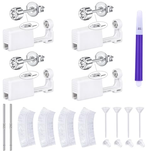 LAURITAMI Ohrloch Stecher Set, 4 Stück Ohrlochpistole mit Ohrstecker, Einweg Steril DIY Ohrlöcher Selber Stechen Set mit Zubehör für Damen Herren