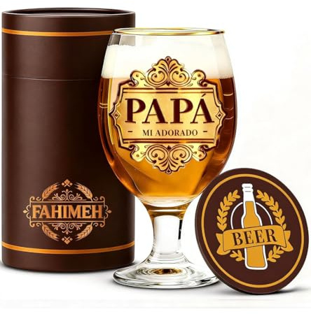 FAHIMEH Regalos Padre, Personalizadas Grabado Copa Cerveza, 400ml | para Papá Cumpleaños Dia del Padre Aniversario Navidad, de Hijas e Hijos Originales Ideas Hombres Presentes con Posavasos