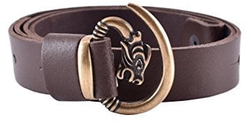 Battle-Merchant Ledergürtel braun mit Wolfskopf - Schnalle bronzefarben - Mittelalter LARP Gürtel aus Leder Länge 90 cm