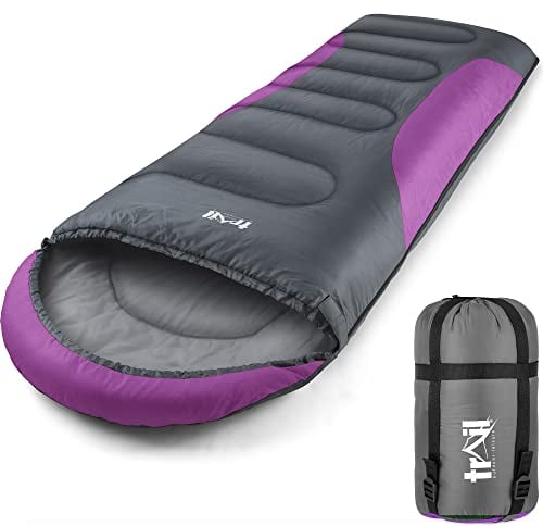Trail-Alpin-Schlafsack mit Kapuze – 250 g Schlafsack, 3-Jahreszeiten- Schlafsack. Leicht, kleines Packmaß – mit Kapuze und Kompressionssack (Lila)