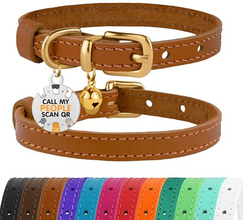 BRONZEDOG Katzenhalsband aus Leder mit Glöckchen, Nicht abreißbar, QR-Tag für Mädchen und Jungen (Hellbraun und Gold, 18-23 cm)