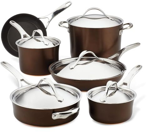 Anolon Nouvelle Copper Hard Anodized Nonstick Pots and Pans, Cookware Set (11 Piece), Sable