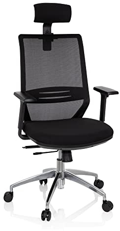 hjh OFFICE 820017 Profi Bürostuhl PROFONDO PRO Stoff Schwarz Drehstuhl mit Netzrücken, Armlehnen & Kopfstütze verstellbar