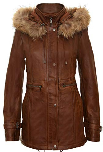 Women's Tan Warm Leather Jacket Detachable Hooded Parker Trench Coat L