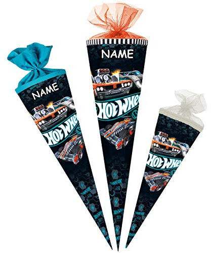 Schultüte - Hot WheeIs - Auto - 22-85 cm - Größe wählbar - 6 eckig - incl. Name - Tüllabschluß - Zuckertüte - mit/ohne Kunststoff Spitze - Nestler - Junge..
