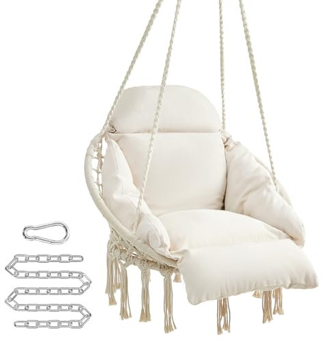 SONGMICS Hanging Chair, Hammock Chair with Large, Thick Cushion, Boho Swing Chair for Bedroom, Patio, Balcony, Garden, Holds up to 264 lb, Accessories Included, Cream White UGDC042M01