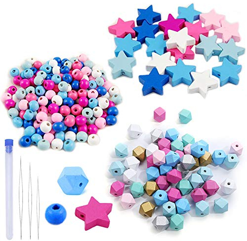 Zasiene Holzperlen Pastell 290 Stück Bunte Holzperlen Bunt Basteln Perlen Holzkugeln Holz Perlen Bastelnperlen Holzperlen mit Loch für DIY Schmuck Herstellung Handwerk, (Achteckig, Rund, Stern)