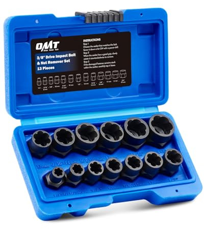 OMT Bolt Extractor Set, 13pc Impact Nut Remover Kit, 3/8 in Drive Metric | Heavy Duty CrMo Steel, Removing Damaged & Stripped Fasteners, 1/4 To 3/4 Sockets, For Cars & Motorcycles, For Mechanics