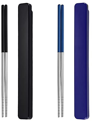 Portable Chopsticks SUS304 Stainless Steel Chopsticks with Case for School,Camping,Travel, Bento Box, 9 Inches in length, Alternative to Wooden (Black+Blue)