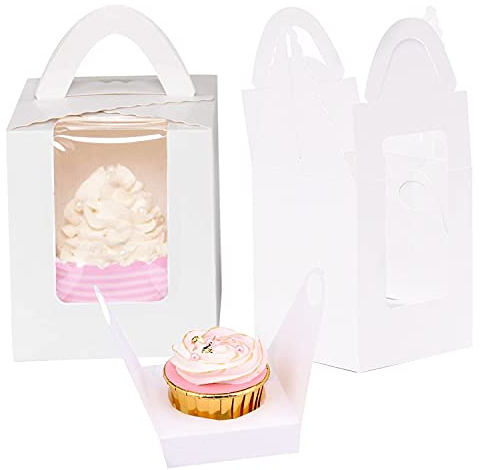 Gbateri 60 PCS Single Cupcake Boxes Cupcake Carrier with Handle, Window, White Individual Cupcake Box Bakery Boxes Mini Cavity Cake Boxes Party Favors