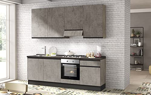 Dafne Italian Design Cucina completa di elettrodomestici (forno, lavandino, cappa cottura) stile Industrial - koncret grigio, lavandino a sinistra - cm. 240 x 60 x 243