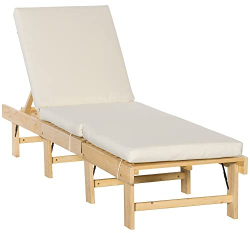 Outsunny Tumbona de Madera Plegable con Respaldo Ajustable en 4 Posiciones Cojín Extraíble Carga 113 kg para Jardín Terraza Camping Exterior 195x59x30 cm Natural